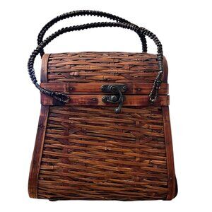 Vintage Hinged Brown Wicker Basket Purse Rounded Top Double Handles Handbag